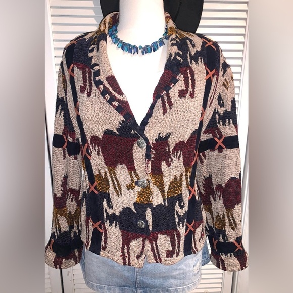 Vintage Sandy Starkman Blazer South Western style horse pattern equestrian L - Picture 2 of 8